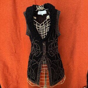 CURIO Black / Brown Knit Sweater Vest Sherpa Faux Fur Trim - SIZE M